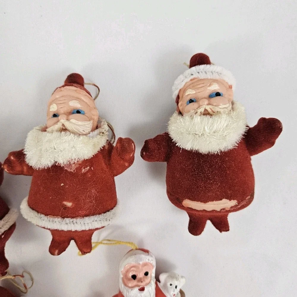 Vintage 6 Blow Mold Santa Mrs Clause Christmas Tree Light Covers MCM Flocked